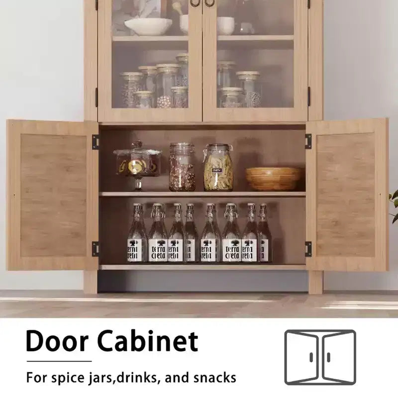 71 Arched Bookcase with Glass Doors&Rattan Storage,Modern Kitchen Storage Cabinet with Adjustable Shelves,Wood Cupboard for Dining Room&Living Room