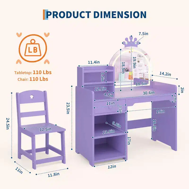 Kids Vanity with Lights, 2 in 1 Princess Makeup Vanity Desk Toddler Vanity Table Chair Set with Open Bookshelf, Storage Cabinet , Shelves for Girls
