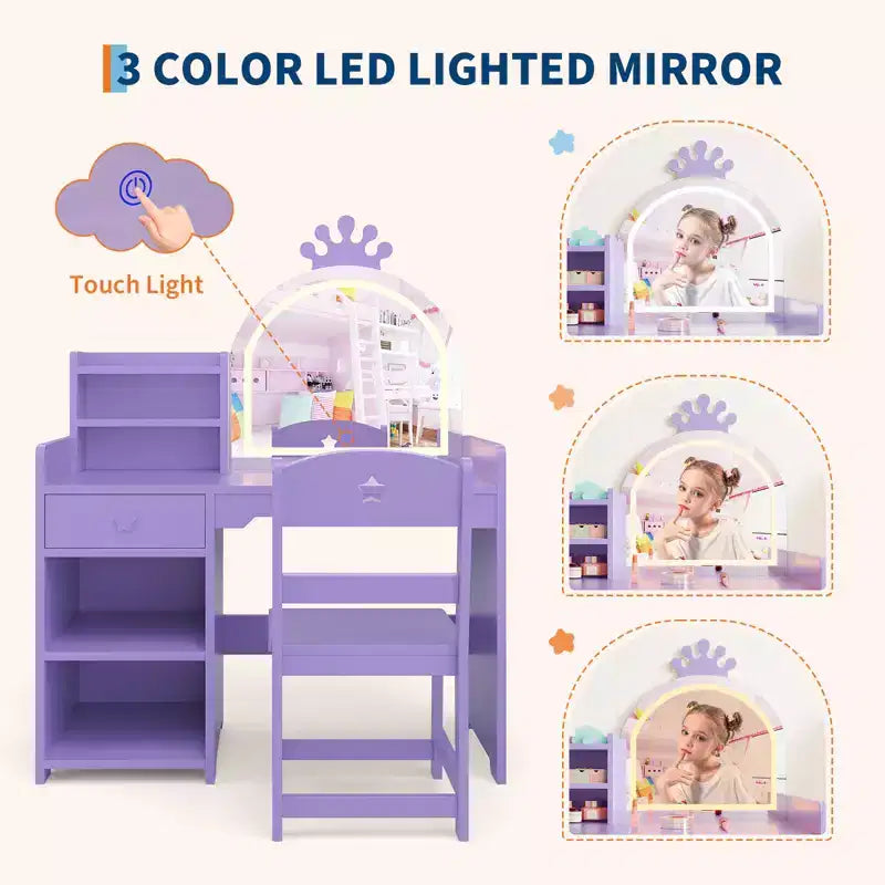 Kids Vanity with Lights, 2 in 1 Princess Makeup Vanity Desk Toddler Vanity Table Chair Set with Open Bookshelf, Storage Cabinet , Shelves for Girls