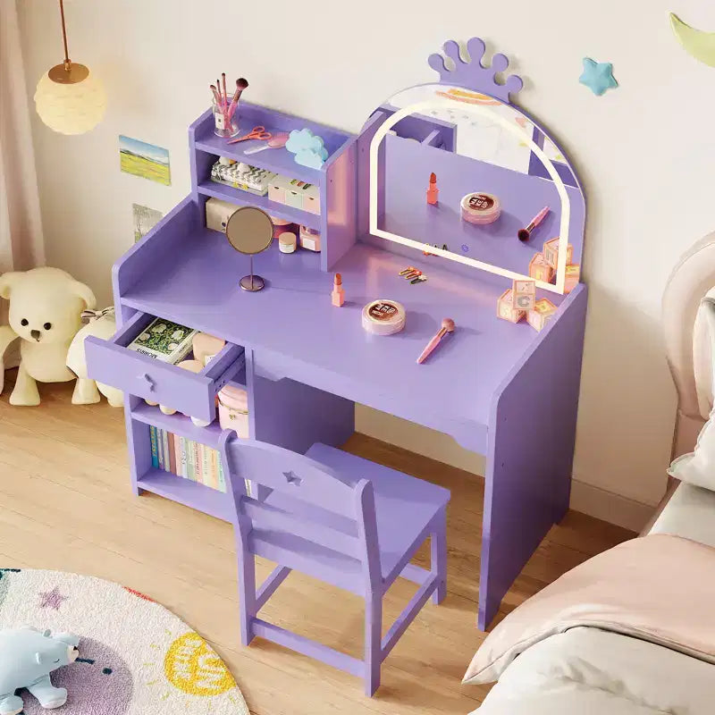 Kids Vanity with Lights, 2 in 1 Princess Makeup Vanity Desk Toddler Vanity Table Chair Set with Open Bookshelf, Storage Cabinet , Shelves for Girls