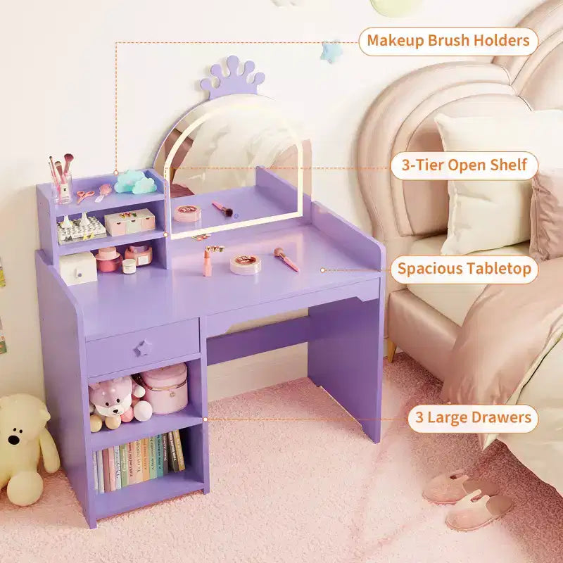 Kids Vanity with Lights, 2 in 1 Princess Makeup Vanity Desk Toddler Vanity Table Chair Set with Open Bookshelf, Storage Cabinet , Shelves for Girls
