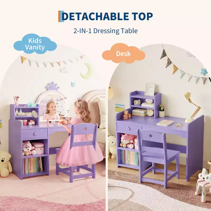 Kids Vanity with Lights, 2 in 1 Princess Makeup Vanity Desk Toddler Vanity Table Chair Set with Open Bookshelf, Storage Cabinet , Shelves for Girls