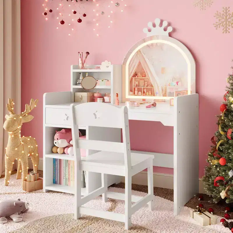 Kids Vanity with Lights, 2 in 1 Princess Makeup Vanity Desk Toddler Vanity Table Chair Set with Open Bookshelf, Storage Cabinet , Shelves for Girls