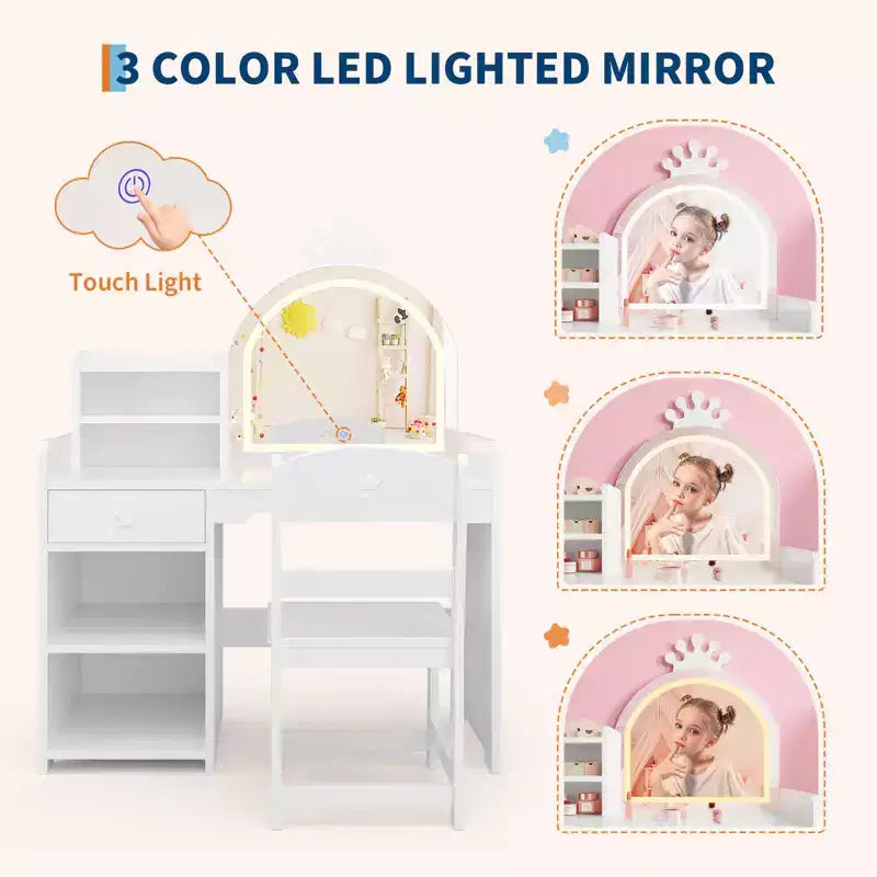 Kids Vanity with Lights, 2 in 1 Princess Makeup Vanity Desk Toddler Vanity Table Chair Set with Open Bookshelf, Storage Cabinet , Shelves for Girls