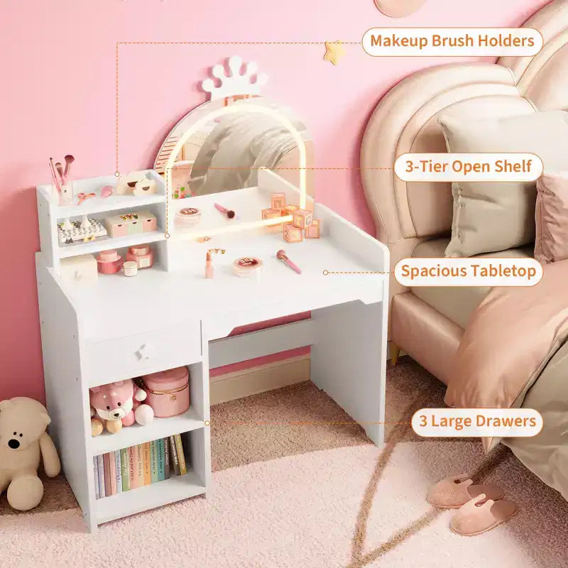 Kids Vanity with Lights, 2 in 1 Princess Makeup Vanity Desk Toddler Vanity Table Chair Set with Open Bookshelf, Storage Cabinet , Shelves for Girls