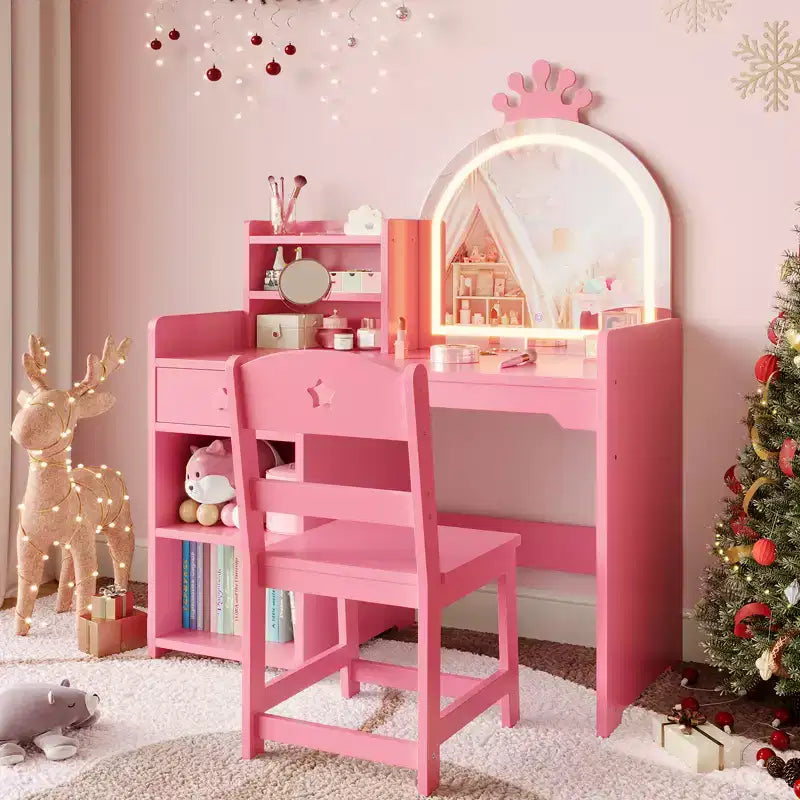Kids Vanity with Lights, 2 in 1 Princess Makeup Vanity Desk Toddler Vanity Table Chair Set with Open Bookshelf, Storage Cabinet , Shelves for Girls