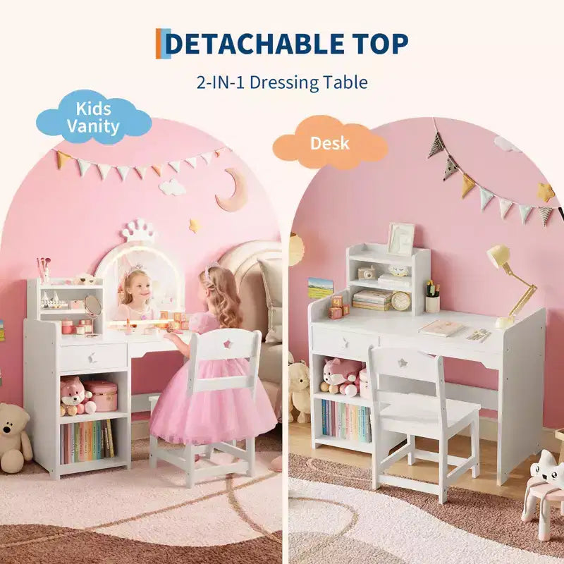 Kids Vanity with Lights, 2 in 1 Princess Makeup Vanity Desk Toddler Vanity Table Chair Set with Open Bookshelf, Storage Cabinet , Shelves for Girls