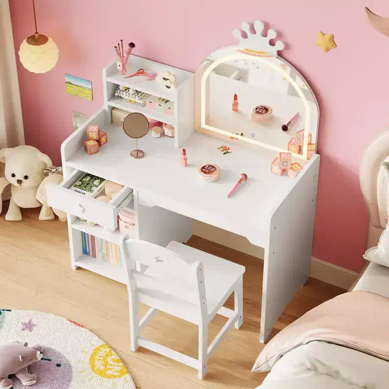 Kids Vanity with Lights, 2 in 1 Princess Makeup Vanity Desk Toddler Vanity Table Chair Set with Open Bookshelf, Storage Cabinet , Shelves for Girls