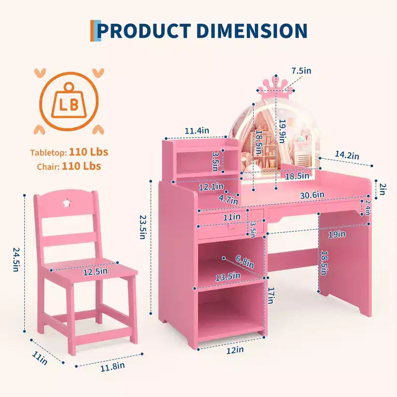 Kids Vanity with Lights, 2 in 1 Princess Makeup Vanity Desk Toddler Vanity Table Chair Set with Open Bookshelf, Storage Cabinet , Shelves for Girls