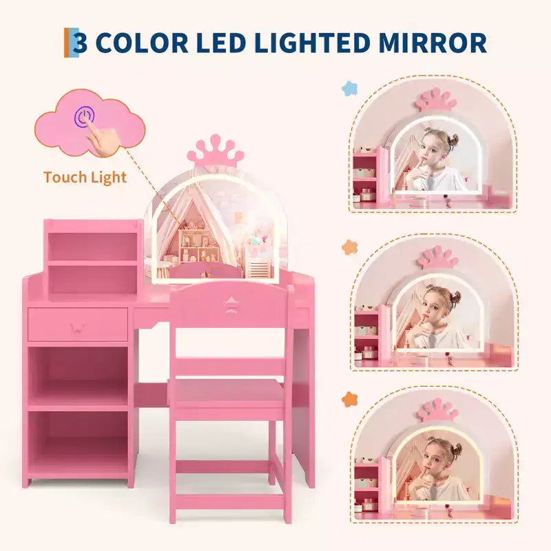 Kids Vanity with Lights, 2 in 1 Princess Makeup Vanity Desk Toddler Vanity Table Chair Set with Open Bookshelf, Storage Cabinet , Shelves for Girls
