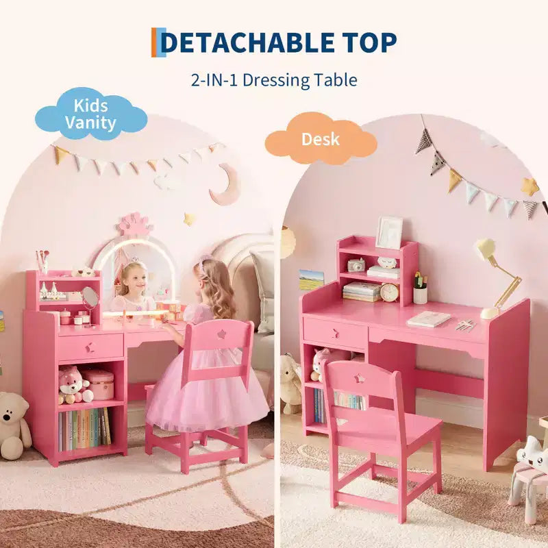 Kids Vanity with Lights, 2 in 1 Princess Makeup Vanity Desk Toddler Vanity Table Chair Set with Open Bookshelf, Storage Cabinet , Shelves for Girls