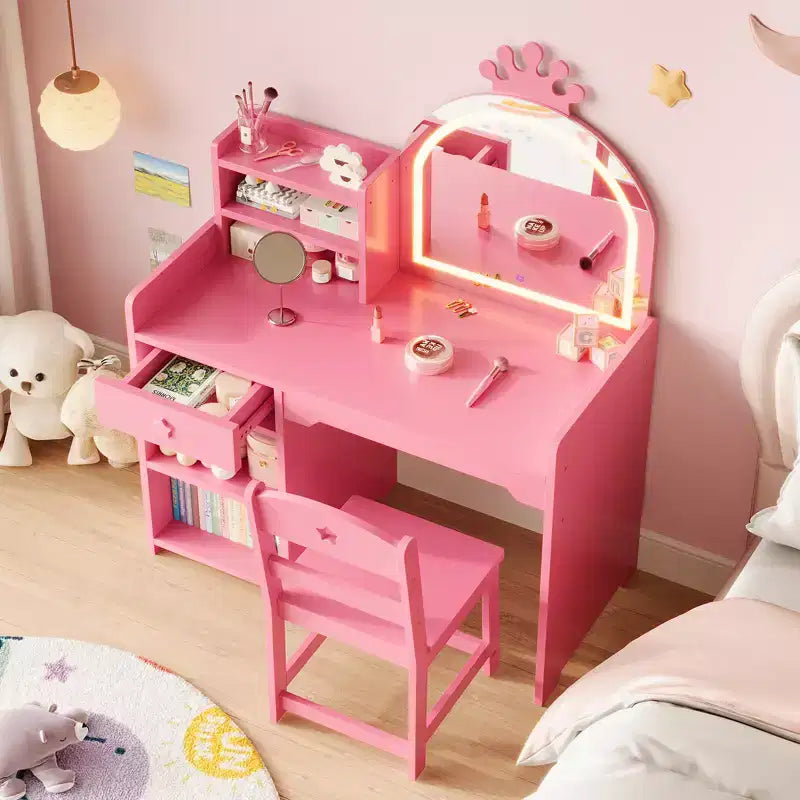 Kids Vanity with Lights, 2 in 1 Princess Makeup Vanity Desk Toddler Vanity Table Chair Set with Open Bookshelf, Storage Cabinet , Shelves for Girls