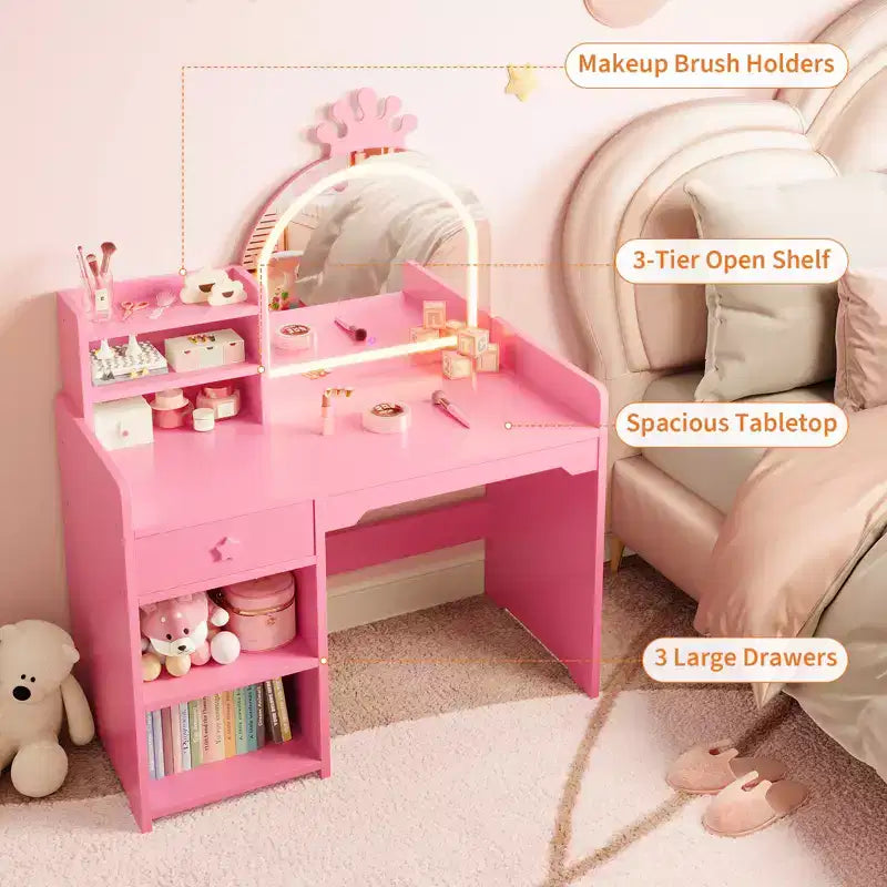Kids Vanity with Lights, 2 in 1 Princess Makeup Vanity Desk Toddler Vanity Table Chair Set with Open Bookshelf, Storage Cabinet , Shelves for Girls