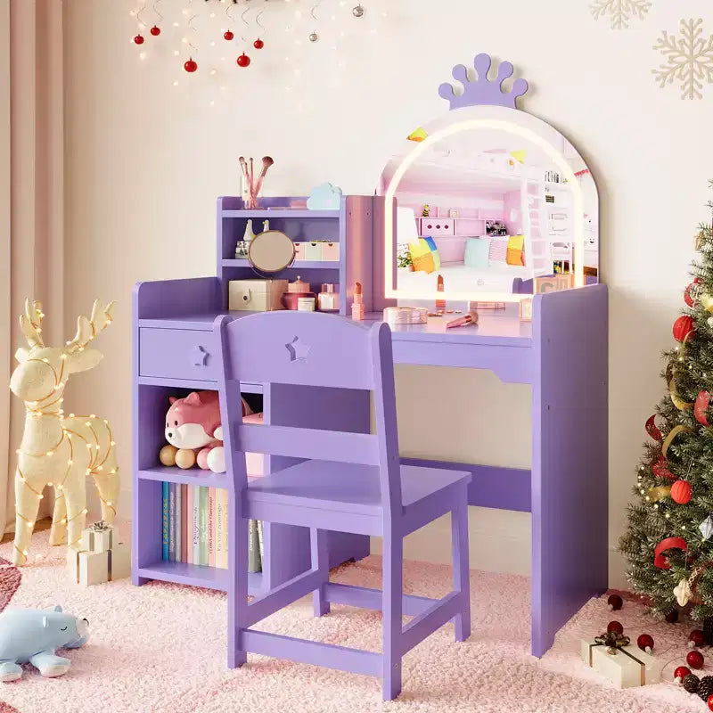 Kids Vanity with Lights, 2 in 1 Princess Makeup Vanity Desk Toddler Vanity Table Chair Set with Open Bookshelf, Storage Cabinet , Shelves for Girls