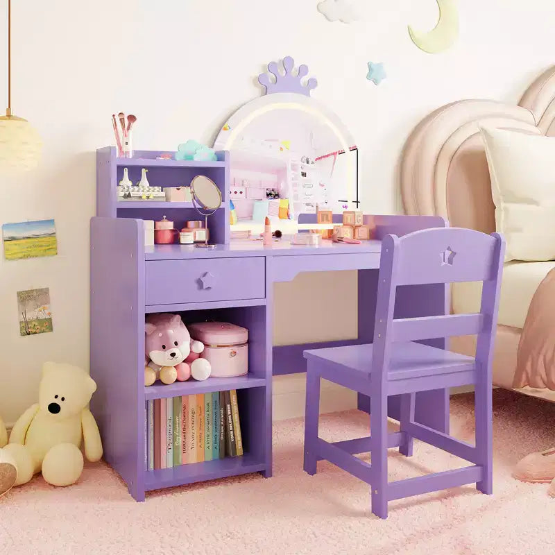 Kids Vanity with Lights, 2 in 1 Princess Makeup Vanity Desk Toddler Vanity Table Chair Set with Open Bookshelf, Storage Cabinet , Shelves for Girls