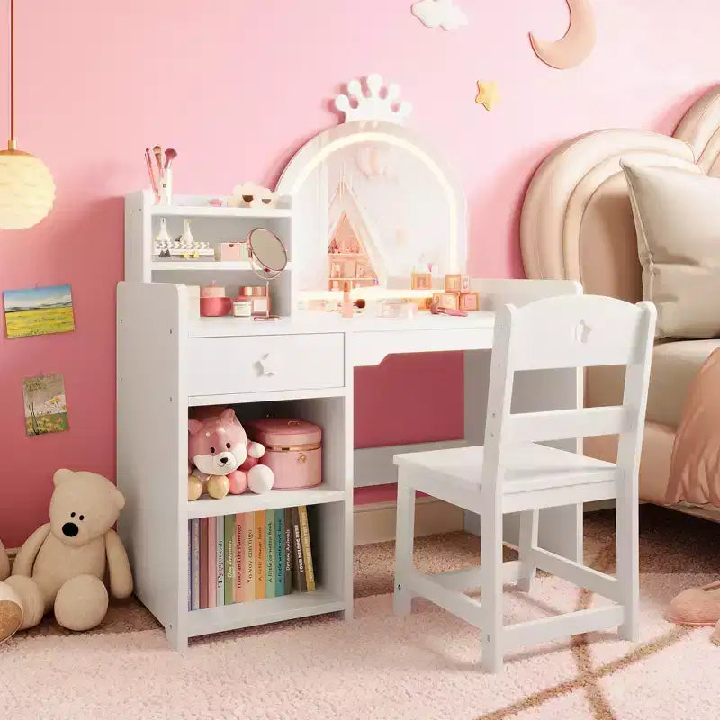 Kids Vanity with Lights, 2 in 1 Princess Makeup Vanity Desk Toddler Vanity Table Chair Set with Open Bookshelf, Storage Cabinet , Shelves for Girls