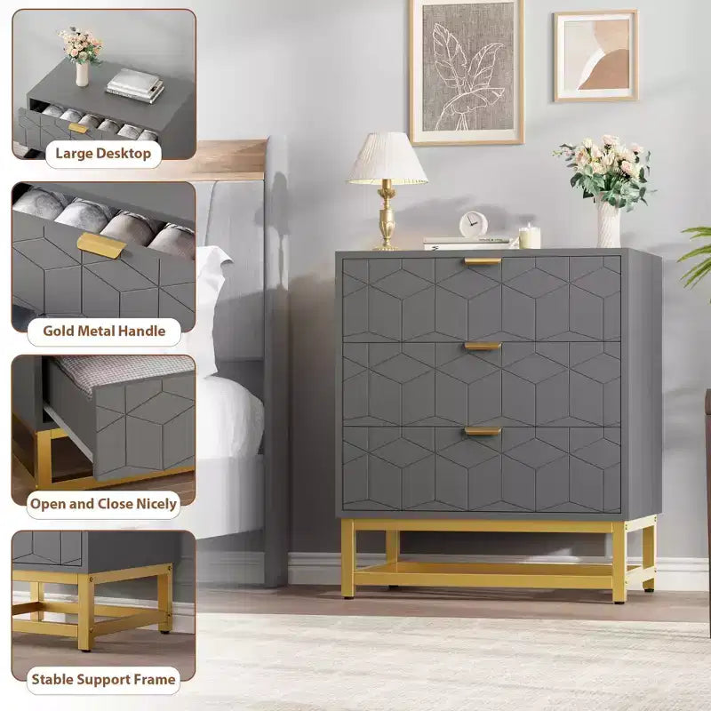 Modern 3 Drawer Wood Dresser, Chest of Drawers with Gold Handles, Bedroom Nightstand & Storage Cabinet