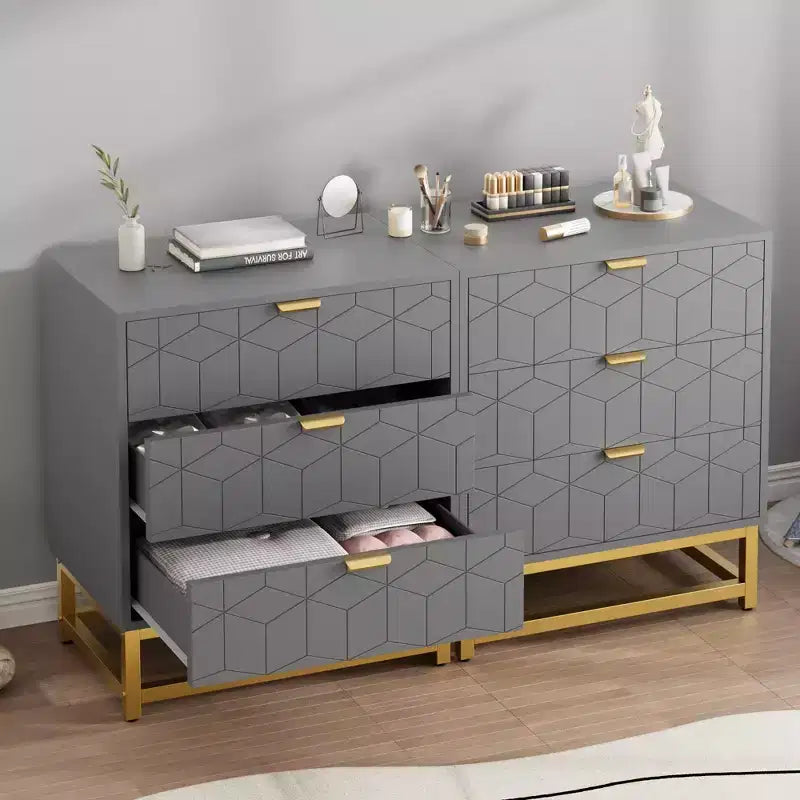 Modern 3 Drawer Wood Dresser, Chest of Drawers with Gold Handles, Bedroom Nightstand & Storage Cabinet