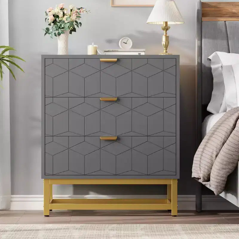 Modern 3 Drawer Wood Dresser, Chest of Drawers with Gold Handles, Bedroom Nightstand & Storage Cabinet