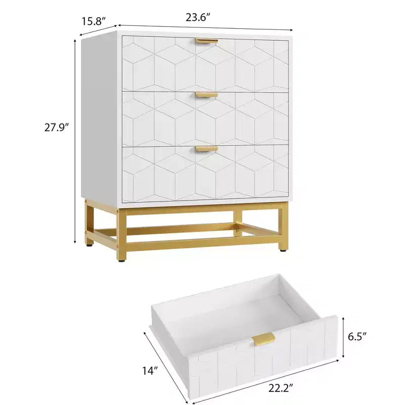 Modern 3 Drawer Wood Dresser, Chest of Drawers with Gold Handles, Bedroom Nightstand & Storage Cabinet