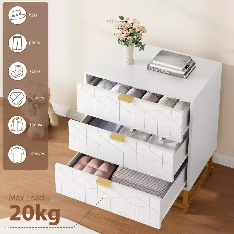 Modern 3 Drawer Wood Dresser, Chest of Drawers with Gold Handles, Bedroom Nightstand & Storage Cabinet