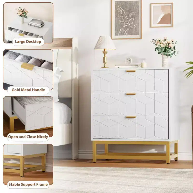 Modern 3 Drawer Wood Dresser, Chest of Drawers with Gold Handles, Bedroom Nightstand & Storage Cabinet
