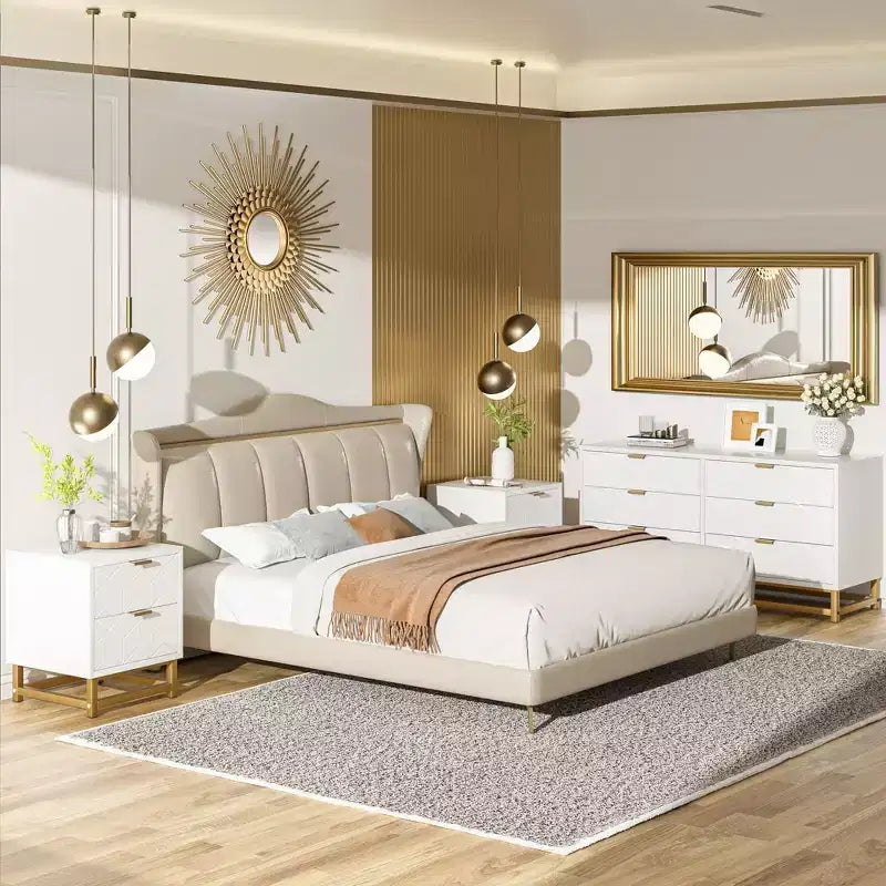 Modern 3 Drawer Wood Dresser, Chest of Drawers with Gold Handles, Bedroom Nightstand & Storage Cabinet