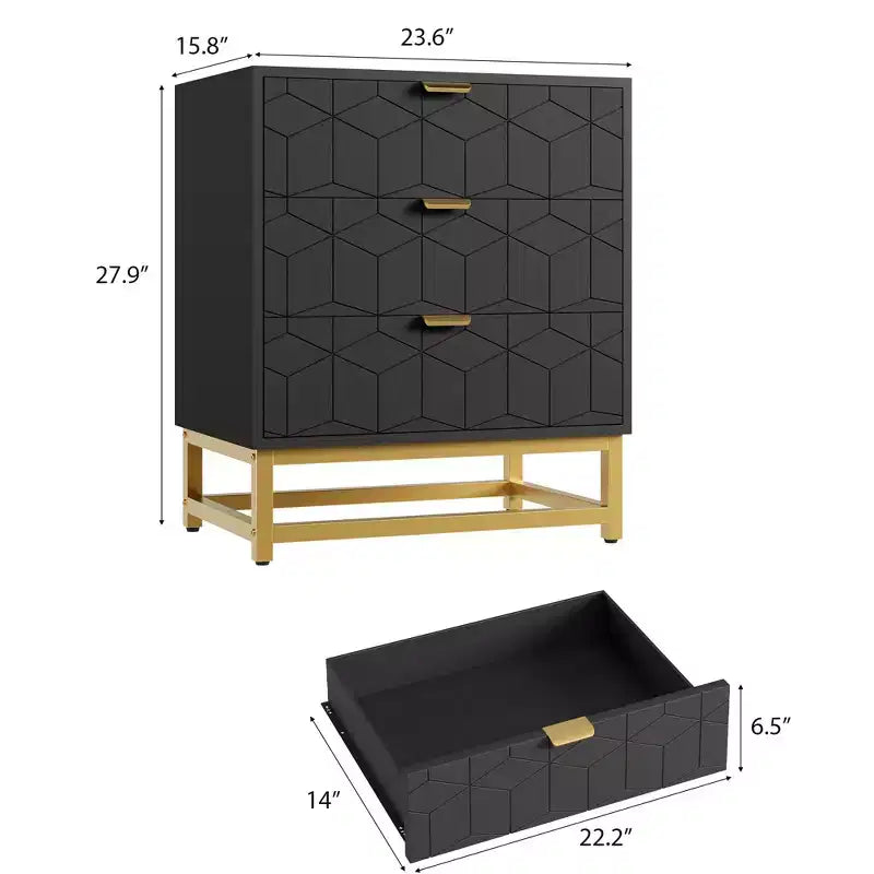 Modern 3 Drawer Wood Dresser, Chest of Drawers with Gold Handles, Bedroom Nightstand & Storage Cabinet
