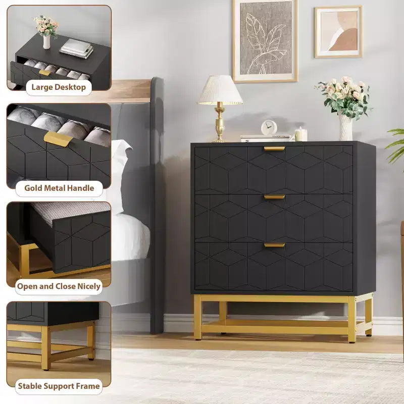 Modern 3 Drawer Wood Dresser, Chest of Drawers with Gold Handles, Bedroom Nightstand & Storage Cabinet