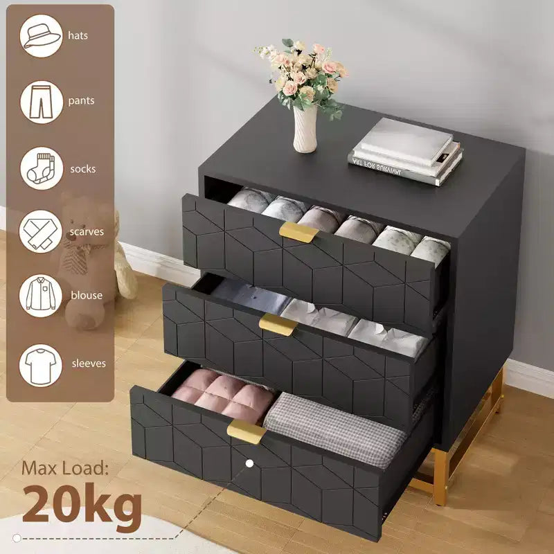 Modern 3 Drawer Wood Dresser, Chest of Drawers with Gold Handles, Bedroom Nightstand & Storage Cabinet