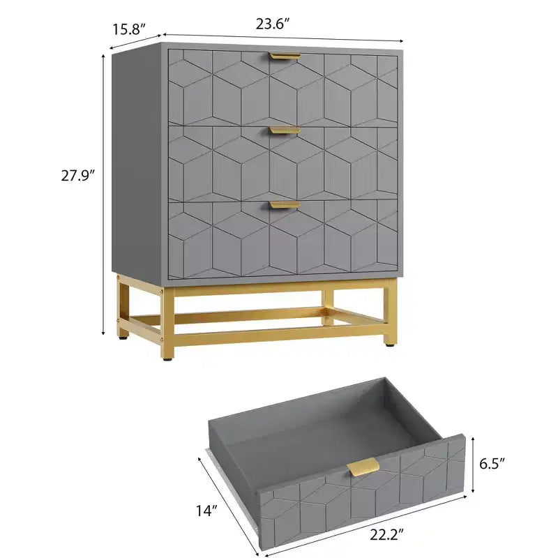 Modern 3 Drawer Wood Dresser, Chest of Drawers with Gold Handles, Bedroom Nightstand & Storage Cabinet