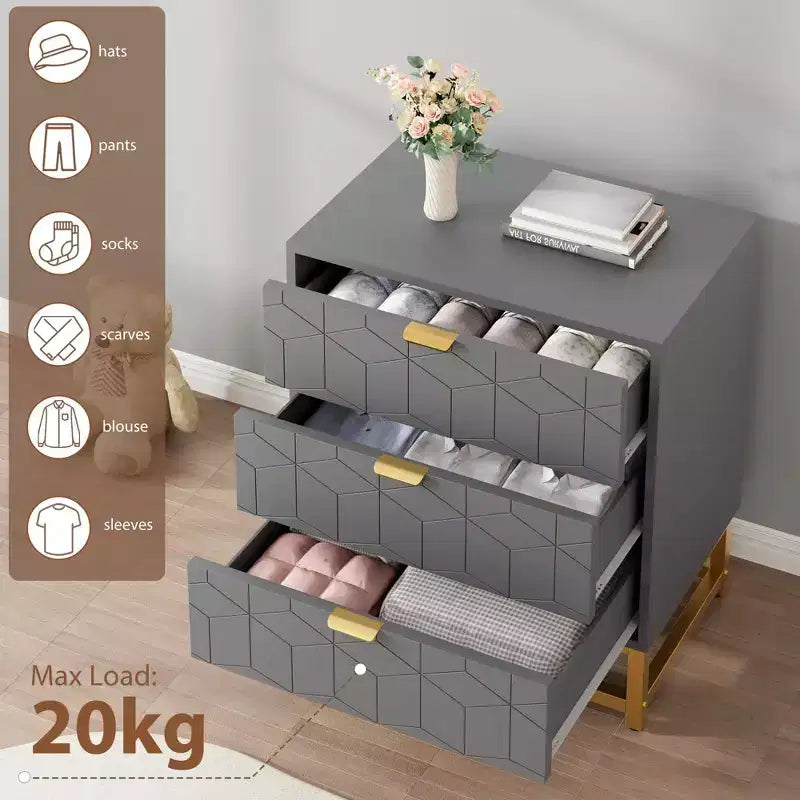 Modern 3 Drawer Wood Dresser, Chest of Drawers with Gold Handles, Bedroom Nightstand & Storage Cabinet