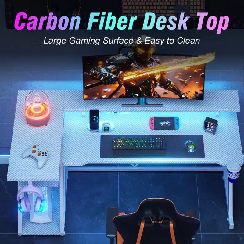 55 inch L Shaped Corner Gaming Desk White Computer Table with Monitor Stand 3 Tier Storage Shelves Modern Gamer Desk for Bedrooms PC Study Room Setup