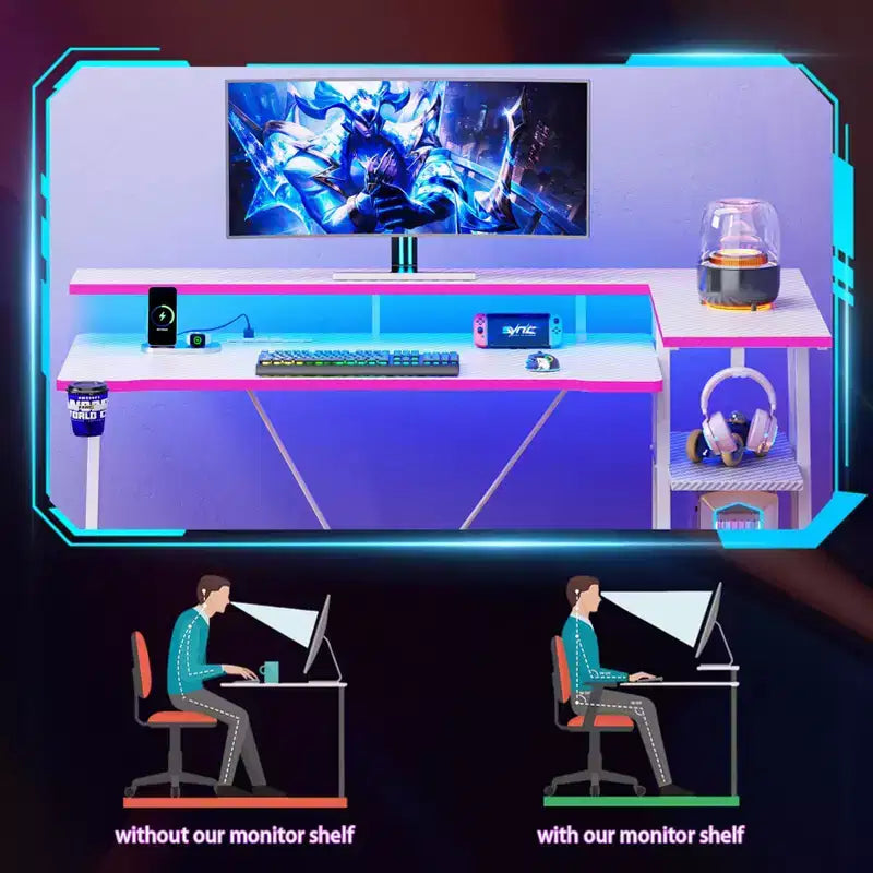 55 inch L Shaped Corner Gaming Desk White Computer Table with Monitor Stand 3 Tier Storage Shelves Modern Gamer Desk for Bedrooms PC Study Room Setup