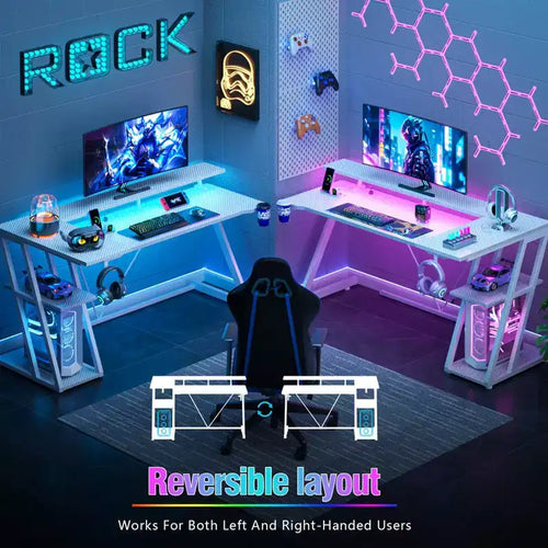 55 inch L Shaped Corner Gaming Desk White Computer Table with Monitor Stand 3 Tier Storage Shelves Modern Gamer Desk for Bedrooms PC Study Room Setup