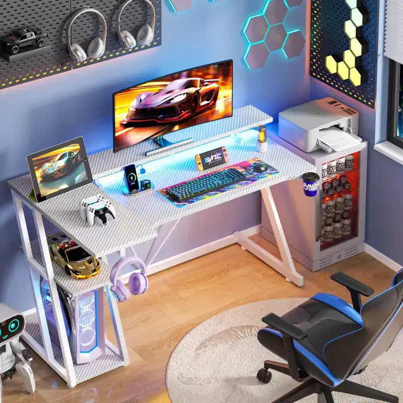55 inch L Shaped Corner Gaming Desk White Computer Table with Monitor Stand 3 Tier Storage Shelves Modern Gamer Desk for Bedrooms PC Study Room Setup