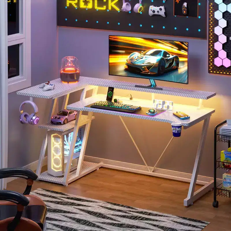 55 inch L Shaped Corner Gaming Desk White Computer Table with Monitor Stand 3 Tier Storage Shelves Modern Gamer Desk for Bedrooms PC Study Room Setup