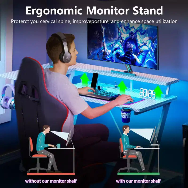 55 inch L Shaped Corner Gaming Desk White Computer Table with Monitor Stand 3 Tier Storage Shelves Modern Gamer Desk for Bedrooms PC Study Room Setup