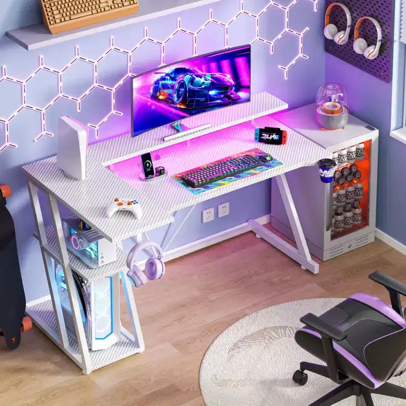 55 inch L Shaped Corner Gaming Desk White Computer Table with Monitor Stand 3 Tier Storage Shelves Modern Gamer Desk for Bedrooms PC Study Room Setup