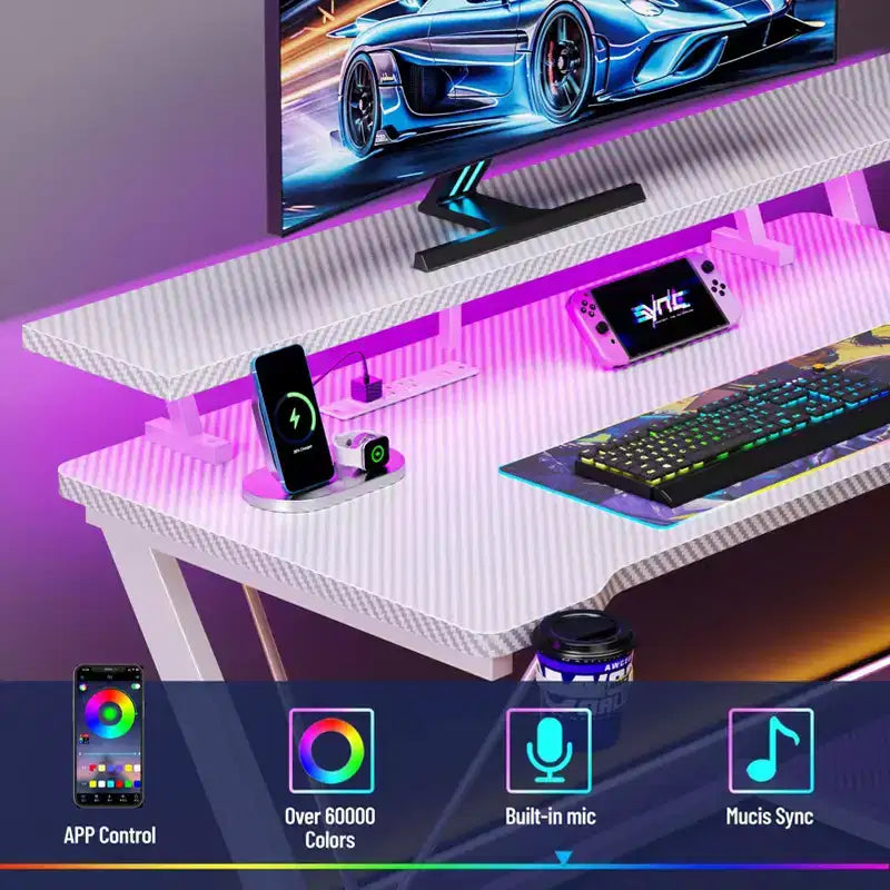55 inch L Shaped Corner Gaming Desk White Computer Table with Monitor Stand 3 Tier Storage Shelves Modern Gamer Desk for Bedrooms PC Study Room Setup