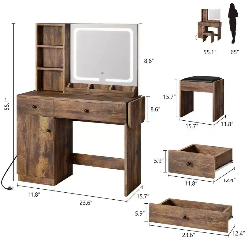 Makeup Vanity Desk with Mirror and Lights, Vanity Table Set with Drawer & Power Outlet & Chair & 3 Shelves, Bedroom
