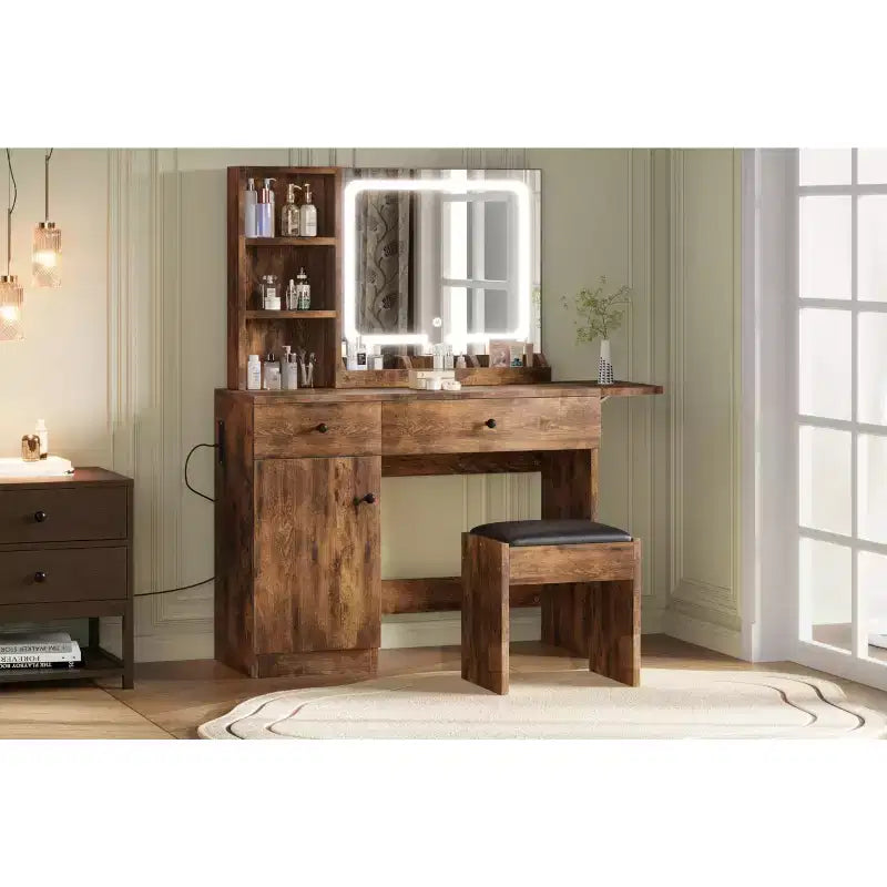 Makeup Vanity Desk with Mirror and Lights, Vanity Table Set with Drawer & Power Outlet & Chair & 3 Shelves, Bedroom