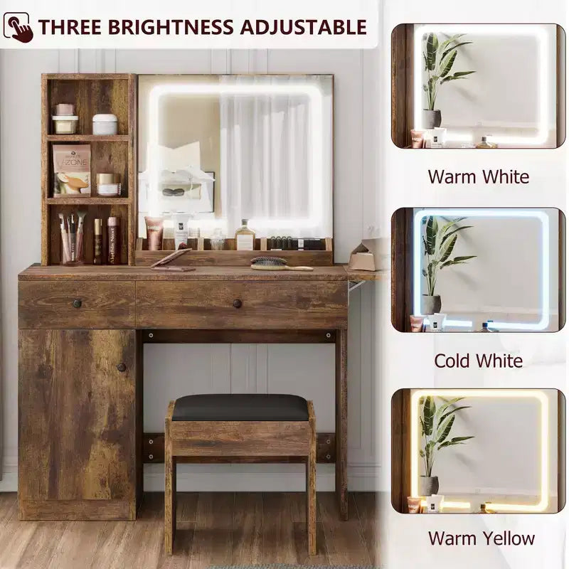 Makeup Vanity Desk with Mirror and Lights, Vanity Table Set with Drawer & Power Outlet & Chair & 3 Shelves, Bedroom