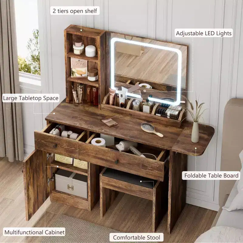 Makeup Vanity Desk with Mirror and Lights, Vanity Table Set with Drawer & Power Outlet & Chair & 3 Shelves, Bedroom
