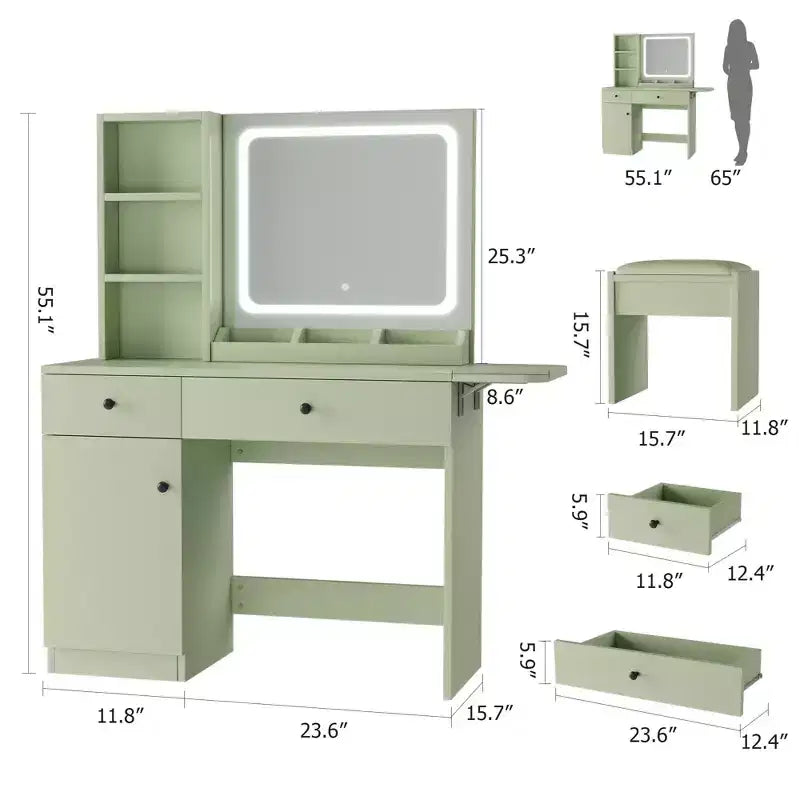 Makeup Vanity Desk with Mirror and Lights, Vanity Table Set with Drawer & Power Outlet & Chair & 3 Shelves, Bedroom