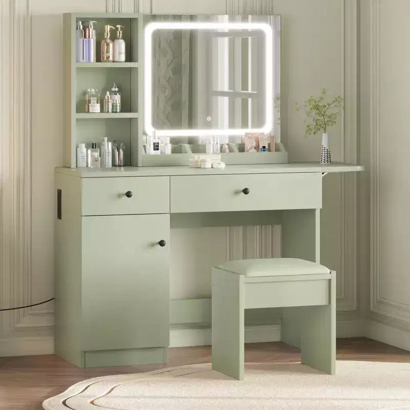 Makeup Vanity Desk with Mirror and Lights, Vanity Table Set with Drawer & Power Outlet & Chair & 3 Shelves, Bedroom
