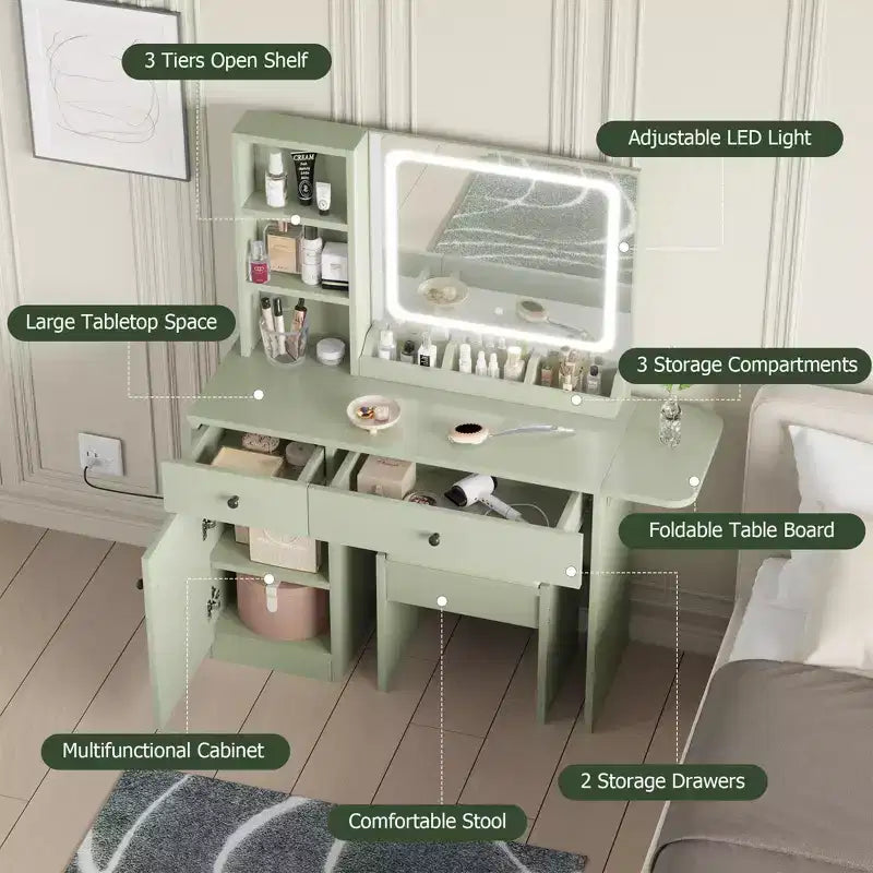 Makeup Vanity Desk with Mirror and Lights, Vanity Table Set with Drawer & Power Outlet & Chair & 3 Shelves, Bedroom