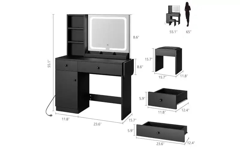Makeup Vanity Desk with Mirror and Lights, Vanity Table Set with Drawer & Power Outlet & Chair & 3 Shelves, Bedroom