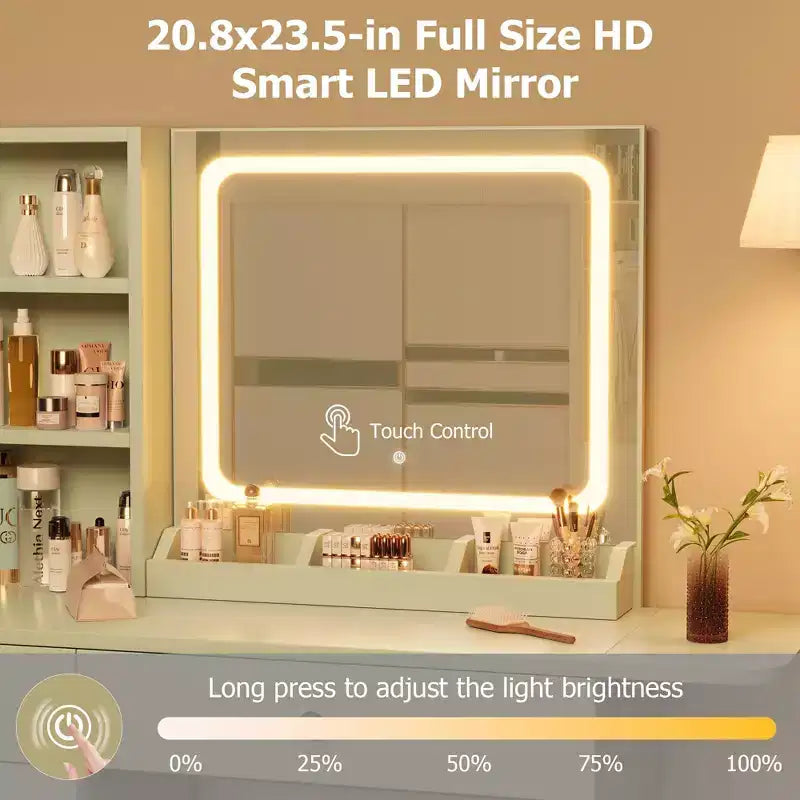 Makeup Vanity Desk with Mirror and Lights, Vanity Table Set with Drawer & Power Outlet & Chair & 3 Shelves, Bedroom