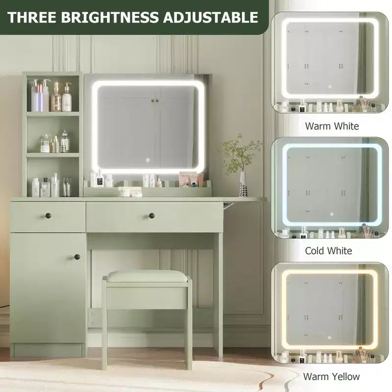 Makeup Vanity Desk with Mirror and Lights, Vanity Table Set with Drawer & Power Outlet & Chair & 3 Shelves, Bedroom